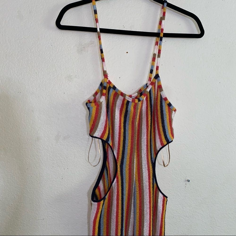 Zara Knit Terrycloth Striped Jumpsuit Womens Side Cut Out Rainbow Cotton - Picture 8 of 11